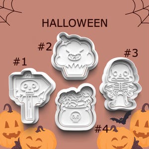 May include: White plastic Halloween-themed cookie cutters. The cutters include a skull on a sign, a cupcake with a monster face, a skeleton, and a cauldron with candy. The word "HALLOWEEN" is at the top of the image.