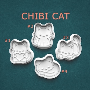 Chibi Cat Cookie Cutter and Stamp Set ~ Cat with Heart ~ Sitting Cat ~ Playful Kitten ~ Sleeping Cat ~ Kawaii Cat Cookie Cutter