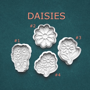 May include: Four white daisy-shaped cookie cutters. The word "DAISIES" is printed in orange above the cutters. Each cutter is numbered, with designs including a single daisy, a bouquet, and multiple daisies.