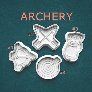 Archery Cookie Cutter with Stamp Set, bow and arrow, arrows, quiver, bullseye target, for cookies, polymer clay, or pottery