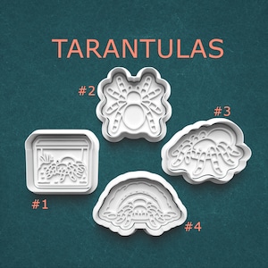 May include: Four white plastic cookie cutters in various tarantula designs. The word "TARANTULAS" is printed in orange at the top. The cutters are numbered #1 through #4. The background is a teal color.