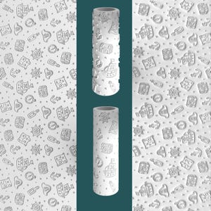 May include: White cylindrical object with a nautical-themed pattern. The design includes anchors, treasure chests, ships, compasses, and maps. The pattern is repeated on the object's surface, creating a textured appearance. The image also shows a repeating pattern of the same nautical elements.