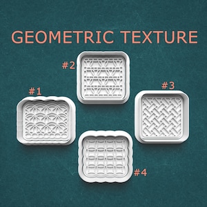 May include: Four white square cookie cutters with geometric patterns are displayed against a teal background. The text "GEOMETRIC TEXTURE" is above the cutters. Each cutter is numbered from 1 to 4, showcasing different designs.