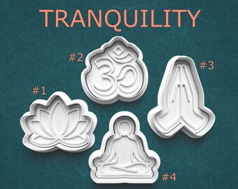 Tranquility Cookie Cutter Set – Lotus, Om Symbol, Prayer Hands, and Meditating Figure – Cutters for Cookies, Pottery, Polymer Clay, Crafts