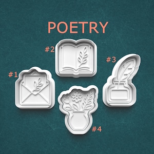 Poetry Cookie Cutter and Stamp Set ~ Floral Envelope ~ Open Book ~ Quill and Ink ~ Flower Vase ~ Writer Cookie Cutter Embosser