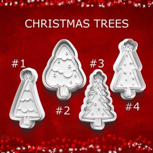 May include: Four white plastic Christmas tree-shaped cookie cutters. Each cutter has a different design, including a star, round ornaments, and a layered tree. The text "CHRISTMAS TREES" is at the top of the image, with numbers identifying each cutter.