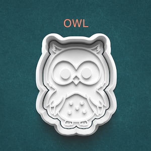 May include: A white plastic owl-shaped cookie cutter with the word "OWL" in orange above it. The cutter features a detailed owl design with large eyes, a beak, and feather details. The cutter is on a teal background.