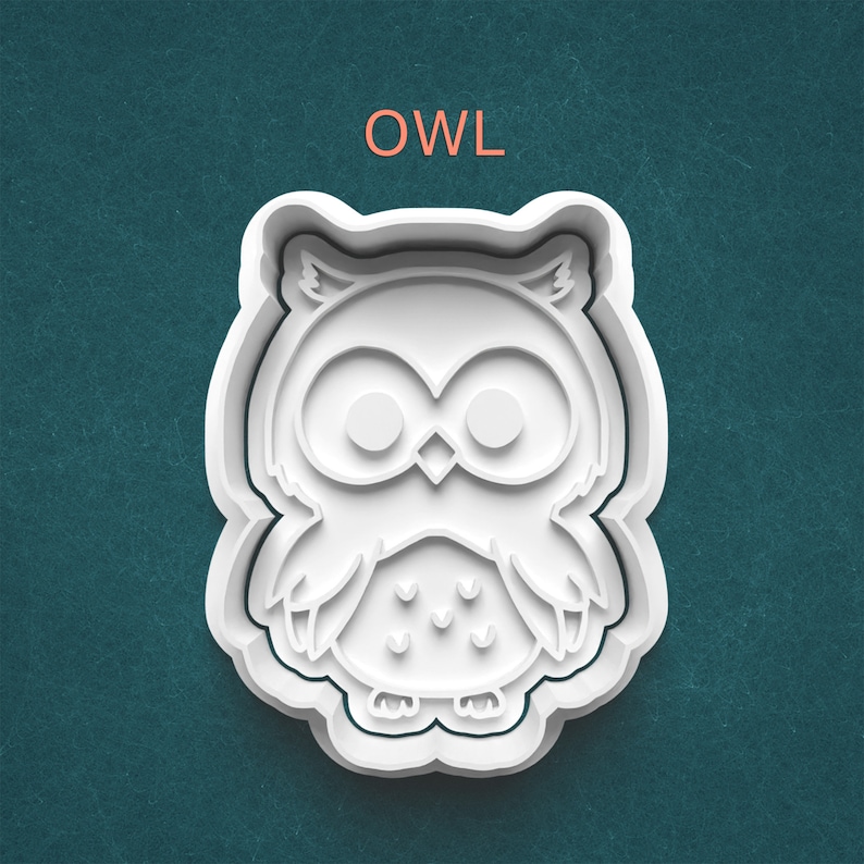 May include: A white plastic owl-shaped cookie cutter with the word "OWL" in orange above it. The cutter features a detailed owl design with large eyes, a beak, and feather details. The cutter is on a teal background.