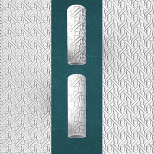 May include: White cylindrical texture roller with a geometric pattern, displayed with matching patterned background. The roller has a repeating design of intersecting lines and squares. The image is set against a teal background.