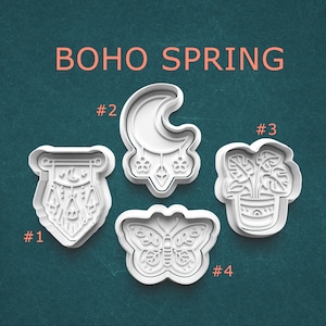 Boho Spring Cookie Cutter Set, Macrame Wall Hanging, Crescent Moon, Potted Plant, Butterfly Cookies, Polymer Clay/Pottery Tool