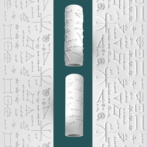 May include: Two white cylindrical objects with mathematical formulas and diagrams are displayed against a teal background. The cylinders have raised text and illustrations. The background features similar mathematical elements, including equations and geometric shapes.
