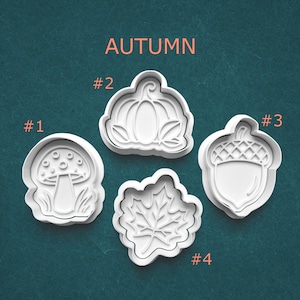 May include: Four white plastic cookie cutters in autumn shapes: a mushroom, a pumpkin, an acorn, and a maple leaf. The word "AUTUMN" is printed in orange above the cutters. Each cutter is numbered.