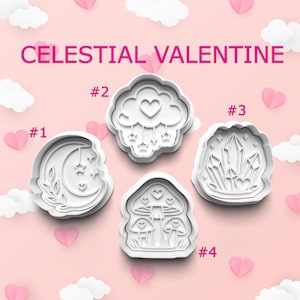 Valentines Cookie Cutter with Stamp Set, Celestial Moon, Heart Cloud, Crystal and Mushroom Designs for Cookies, Polymer Clay, or Pottery