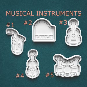 Musical Instrument Cookie Cutter or Clay Cutter with Stamp ~ Guitar ~ Piano ~ Violin ~ Saxophone ~ Drum Set ~ Gifts for Musicians