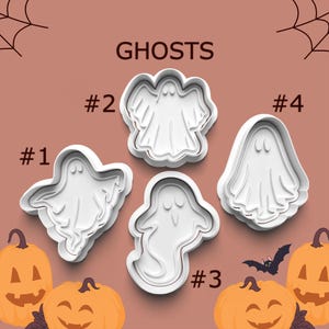 May include: Four white plastic ghost-shaped cookie cutters with the word "GHOSTS" above them. The cutters are numbered 1 through 4. Orange pumpkins and a black bat are in the background. The background is a muted orange.