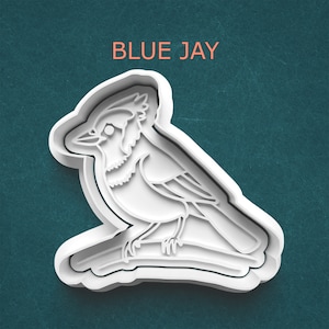 May include: White plastic cookie cutter shaped like a blue jay bird. The bird is perched on a branch with its wings spread out. The cookie cutter is labeled "BLUE JAY".