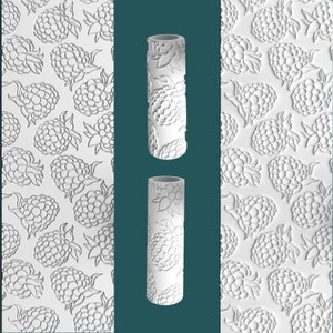 May include: White textured rolling pins with a raspberry pattern. The image also shows a white background with a repeating raspberry pattern. The rolling pins are cylindrical and feature a detailed embossed design of raspberries and leaves.