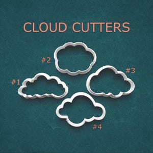May include: Four white cloud-shaped cookie cutters are displayed against a teal background. The cutters are labeled #1 through #4. The text "CLOUD CUTTERS" is written in orange at the top of the image.