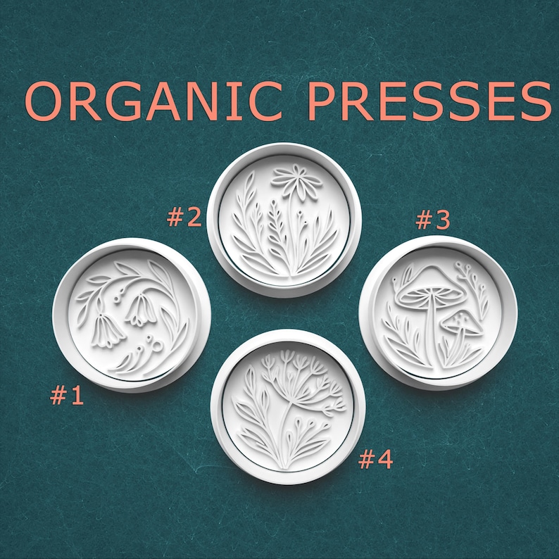 May include: Four white, circular organic presses with botanical designs, including flowers and mushrooms. The text "ORGANIC PRESSES" is in coral above the presses. Each press is labeled with a number.
