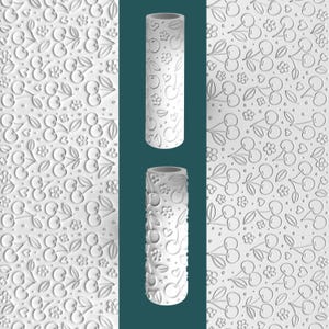 May include: White rolling pins with embossed cherry, flower, and heart patterns. The image shows the rolling pins and the patterns they create. The patterns are repeated on the left and right sides of the image.