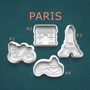 Paris Cookie Cutter with Stamp Set, bicycle, Arc De Triomphe, Eiffel tower, French breakfast designs, for cookies, polymer clay, or pottery