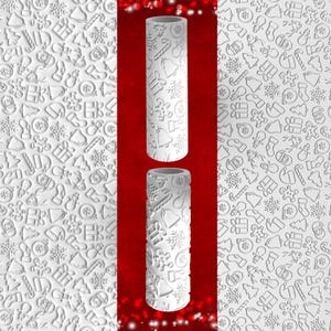 May include: White rolling pin with embossed Christmas-themed patterns, including snowflakes, gifts, bells, and gingerbread men. The pin is displayed against a red background with a repeating pattern of the same festive icons.