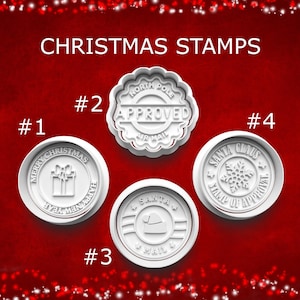 May include: White Christmas stamps with various designs, including a gift, Santa's hat, and a snowflake. The stamps are labeled with phrases like "Merry Christmas" and "Santa Claus". The text "CHRISTMAS STAMPS" is at the top.