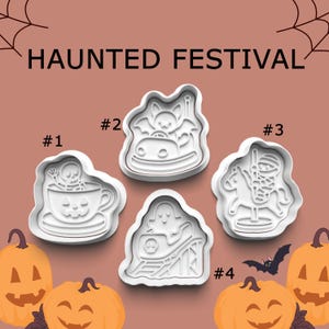 May include: Four white plastic cookie cutters labeled HAUNTED FESTIVAL. Cutter #1 shows a skeleton in a jack-o'-lantern teacup. #2 features a bat in a bumper car. #3 depicts a mummy on a carousel horse. #4 shows a ghost on a roller coaster.
