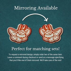 May include: Two moth-shaped cookie cutters with white and orange details, mirroring each other. The text "Mirroring Available" and "Perfect for matching sets!" are displayed above and below the cutters, respectively.