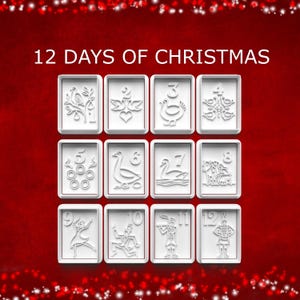 May include: White relief art cards on a red background, featuring the text "12 DAYS OF CHRISTMAS." Each card displays a number and a corresponding image, such as birds, swans, and drummers. The cards are arranged in a grid.