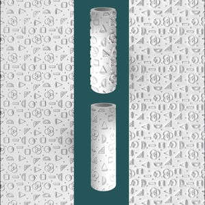 May include: White cylindrical rolling pins with geometric patterns, including triangles, squares, and circles. The image also shows a repeating pattern of the same shapes. The rolling pins are displayed against a teal background.