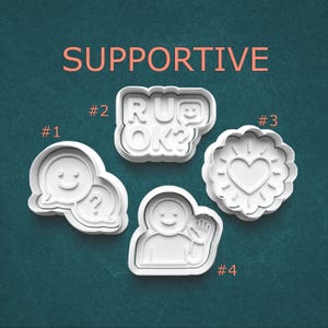 Supportive Cookie Cutter and Stamp Set – Heart, Smile, R U OK, and Hello Shapes for Cookies, Fondant, Clay, or Pottery Crafting