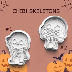 May include: Two white plastic chibi skeleton cookie cutters. One skeleton holds a broom, the other has outstretched arms. The text "CHIBI SKELETONS" is above the cutters. Pumpkins and a bat are in the background.