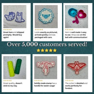 May include: A collection of colorful cookie cutters and stamps. The cutters include a butterfly, bee, heart, and floral designs. The image also includes the text "Over 5,000 customers served!"