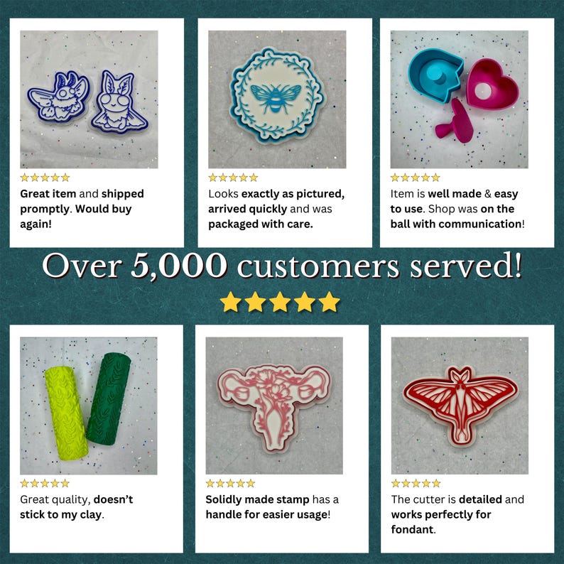 May include: A collection of colorful cookie cutters and stamps. The cutters include a butterfly, bee, heart, and floral designs. The image also includes the text "Over 5,000 customers served!"