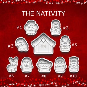 May include: A set of ten white plastic cookie cutters in various shapes, including an angel, a shepherd, a house, and figures of the nativity scene. The text "THE NATIVITY" is at the top, with numbers next to each cutter.