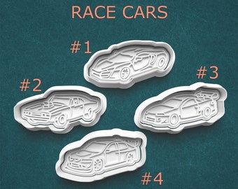 May include: Four white race car cookie cutters are shown on a teal background. The text "RACE CARS" is at the top, with numbers 1 to 4 labelling each car. The cars have different designs, including spoilers and aerodynamic features.