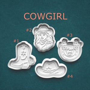 Cowgirl Cookie Cutter and Stamp Set – Boots, Hats, Cow Faces, and Western Girls for Cookies, Fondant, Clay, and Pottery – 4 Western Shapes