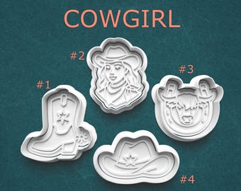 Cowgirl Cookie Cutter and Stamp Set – Boots, Hats, Cow Faces, and Western Girls for Cookies, Fondant, Clay, and Pottery – 4 Western Shapes