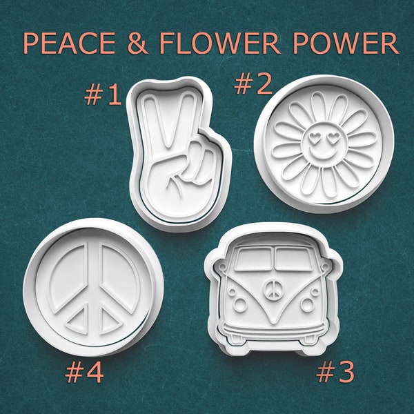 Peace Sign Cookie Cutter and Clay Stamp ~ Flower Sun Cookie Clay Fondant Stamp ~ Volkswagen Van Clay Press ~ Hippie Cookie Cutters Stamps