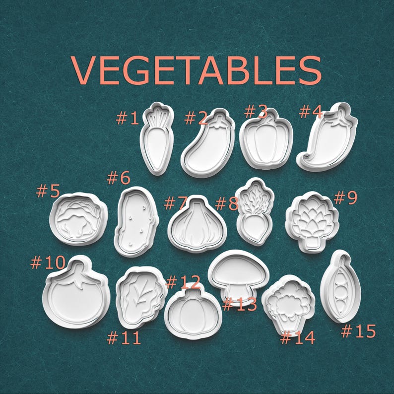 Vegetable Cookie Cutter Set, Food Themed Polymer Clay Cutters, Farmers Market Baking Tool, Garden Pottery Stamp, Healthy Cooking Cutter image 1