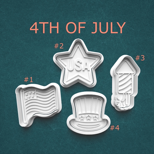 4th of July Cookie Cutter Set – Flag, USA Star, Firework and Top Hat – Cutters for Cookies, Pottery, Polymer Clay, and Crafts