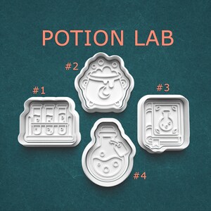 May include: A set of four white plastic cookie cutters labeled POTION LAB. The shapes include a test tube rack #1, a bubbling cauldron with a crescent moon #2, a spellbook with a flask icon #3, and a round potion bottle with a tag #4.