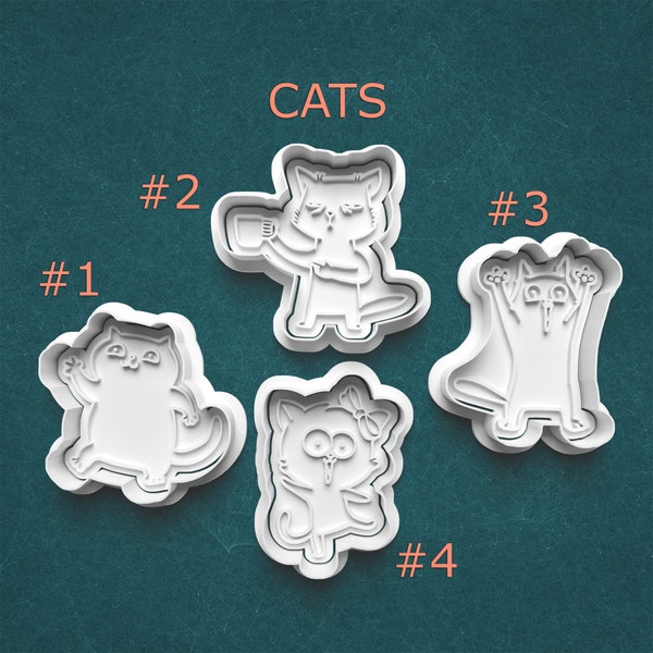 Expressive Cat Cutters ~ Coffee Cat ~ Cheering Cat ~ Kitten Cookie Cutters ~ Baking Supplies ~ Cookie Molds ~ Polymer Clay Cutters