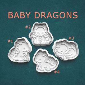 May include: Four white plastic cookie cutters in the shape of baby dragons. The cutters are numbered 1 through 4. The text "BABY DRAGONS" is written in orange across the top of the image.