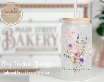 Wildflower Personalized Frosted Glass Cup with Bamboo Lid | Personalized Gifts | Bridal Party | Shower Gift | Gifts for Her | Corporate Gift