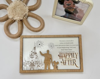 Happily Ever After Wood Sign – Castle Fireworks Wall Decor, Neutral Disney‑Inspired Art, Wedding Gift, Anniversary Keepsake
