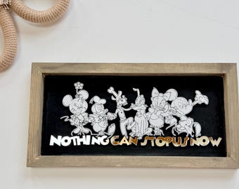 Mickey & Minnie Runaway Railway Sign – “Nothing Can Stop Us Now” Wood Decor, Neutral Disney‑Inspired Wall Art