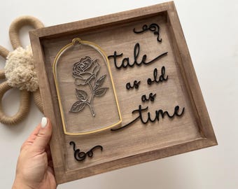 Tale as Old as Time Wooden Frame –Enchanted Rose | Beauty and the Beast Inspired Home Decor | Elegant Disney Adult Gift