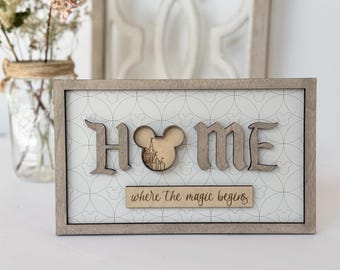 Disney “HOME” Framed Sign, Castle Decor, Aesthetic Disney Decor Neutral 3D Layered Wood Shelf Sitter, Entryway/Tabletop Decor, Custom Gift